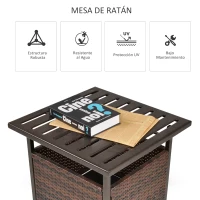 Outsunny Mesa de Comedor Exterior de Ratán Mesa Auxiliar con Orificio para Sombrilla de Acero con Mesa Cuadrada para Jardín Terraza Patio 55,5x55,5x46 cm Marrón(m-4)