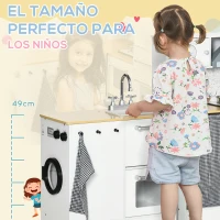 HOMCOM Cocina de Juguete de Madera para Niños de +3 Años Cocinita de Juguete con Luz Sonidos y Taburete Blanco(m-7)