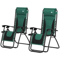 Outsunny Zero Gravity Lounger Chair Set of 2, Folding Reclining Patio Chair with Padded Seat, Cup Holder, Soft Cushion and Headrest for Poolside, Camping, Green(m-11)