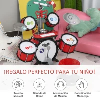 HOMCOM Batería Infantil con Taburete, Jazz Batería Infantil con 4 Tambores, Micrófono, Platos, Baquetas Teclado, Instrumento Musical para Niños +3 Años, Rojo(m-6)