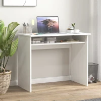 HOMCOM Modern Computer Desk, Home Office Table, Small Writing Desk with Storage Shelf, 90 x 50cm, White Wood Grain(m-10)