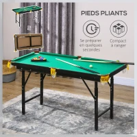 SPORTNOW Table de billard pliable hauteur réglable avec accessoires 2 queues, 16 boules, 2 craies, triangle, brosse, vert(m-5)