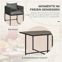 Outsunny Outdoor Essgruppe, Gartengarnitur, 5-teilig, Polyrattan, Sitzkissen, wetterfest, Schwarz/Grau(m-4)
