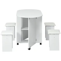 HOMCOM Set da cucina 5 Pezzi, Tavolo pieghevole con 2 ripiani e 4 Sgabelli in Legno truciolato, Bianco(m-10)