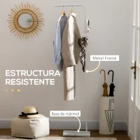 HOMCOM Perchero de Pie con Base de Mármol Barra y 2 Ganchos de Metal para Dormitorio Pasillo 35x25x170 cm Blanco(m-6)