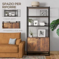 HOMCOM Scaffale Libreria in Stile Vintage con 3 Ripiani, 1 Armadietto in Legno e Telaio in Metallo Nero 76x33x162.5cm(m-5)