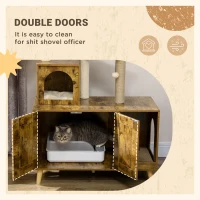PawHut Cat Litter Box Enclosure, with Tree Tower, Cat House, Hammock, Cushion - Rustic Brown(m-6)