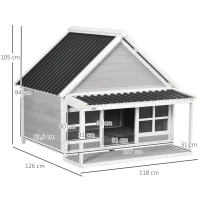 PawHut Hundehütte mit Veranda, wetterbeständig, behandeltes Tannenholz, 3 Fenster, Hellgrau + Weiß(m-3)