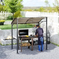 Outsunny 2.2 x 1.5 m BBQ Grill Gazebo Tent, Garden Grill with Metal Frame, Curved Canopy and 10 Hooks, Outdoor Sun Shade, Khaki(m-2)