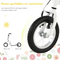 HOMCOM Trottinette enfants, grandes roues pneumatiques 12 pouce en caoutchouc, charge 100 kg, trottinette tout terrain avec double freins, hauteur réglable et béquille latérale, 5 à 12 ans, blanc(m-7)