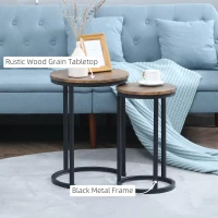 HOMCOM Round Nesting Tables Set of 2 Industrial Stackable Side Tables with Rustic Wood Grain Metal Frame for Living Room Brown(m-5)