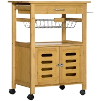 HOMCOM Carrello da Cucina con Cassetto, Armadietto e Cestino Estraibile in Legno con Ruote Girevoli, 66x36x79cm(m-1)