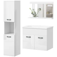 kleankin Conjunto de Muebles de Baño de Pared 3 Piezas Incluye Espejo Armario con Lavabo Cerámico y Columna de Baño Blanco(m-10)