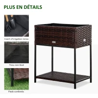 Outsunny Jardinière sur pieds avec étagère inférieure carré potager surélevé extérieur jardin tissu non-tissé inserts d'irrigation inclus résine tressée PE métal dim. 64L x 42l x 78,5H cm brun(m-6)