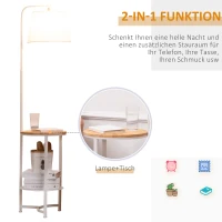 HOMCOM Stehleuchte Stehlampe Beistelltisch mit 2 Regalen Innenbeleuchtung E27 für Wohnzimmer Schlafzimmer Büro Metall Holz Tterylen-Gewebe Weiß 38 x 36 x 162 cm(m-5)