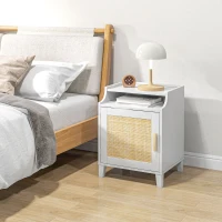 HOMCOM Lot de 2 tables de chevet table de nuit avec placard porte rotin tissé + niche design bohème naturel blanc(m-8)