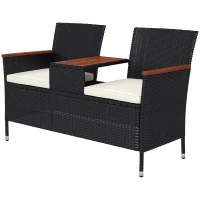 Outsunny Two-Seat Rattan Loveseat, with Wood-Top Middle Table - Black(m-11)