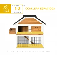 PawHut Conejera de Madera Exterior Jaula para Conejos de 2 Niveles con Techo Asfáltico Corral de Metal Jardinera para Cultivo Bandeja Extraíble Puertas y Rampa 123x58x106 cm Natural(m-4)