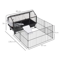 Pawhut Kleintierkäfig mit Freigehege inkl. Zubehör 88 cm x 128,5 cm x 56 cm  4 Rollen Schwarz Metall Polypropylen(m-3)