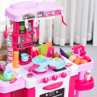 HOMCOM 38 Pcs Kids Children Kitchen Play Set w/ Realistic Sounds Lights Food Utensils Pots Pans Appliances Toy Game Pink(m-8)