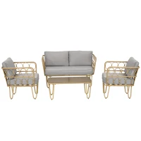 Outsunny Ensemble salon de jardin canapé 2 places + 2 fauteuils + 1 table basse plateau verre trempé 7 coussins gris(m-10)