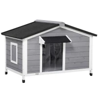 PawHut Hundehütte aus Massivholz, wetterbeständig, Asphaltdach, abnehmbarer Boden, 109 cm x 79 cm x 72 cm, Grau + Weiß(m-1)