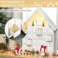 HOMCOM Calendario de Adviento de Navidad Madera con 24 Cajones y Luces LED Decoración Navideña Modelo Casita 39x9x42 cm Blanco(m-5)