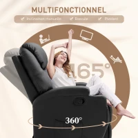 HOMCOM Fauteuil de massage inclinable, bascule et pivotant à 360°, fauteuil de relaxation, dossier et repose-pieds réglable manuellement, télécommande, porte-gobelets et poches latérales, noir(m-5)
