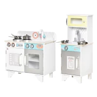 HOMCOM Two Kids Wooden Toy Kitchen Play Cooking Set Pretend Role Playset, with  Sink, Telephone, Storage Basket, for 3-6 Years Old(m-11)