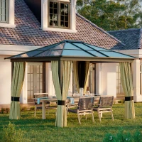 Outsunny 3 x 3.6m Polycarbonate Hardtop Gazebo with LED Solar Light and Aluminium Frame, Garden Pavilion with Mosquito Netting and Curtains(m-10)