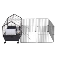 Pawhut Kleintierkäfig mit Freigehege inkl. Zubehör 88 cm x 128,5 cm x 56 cm  4 Rollen Schwarz Metall Polypropylen(m-9)