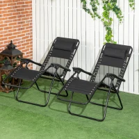 Outsunny Garden Recliner Chairs Set of 2, Outdoor Foldable Zero Gravity Chairs Set w/ Footstool and Detachable Headrest, Black(m-2)