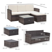 Outsunny 3 Pieces Outdoor PE Rattan Corner Sofa Set with Thick Cushions, Patio Rattan Garden Furniture with Glass Top Coffee Table and Footstool, Brown(m-3)