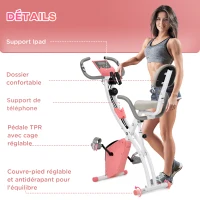 HOMCOM Vélo d'appartement pliable, vélo d'exercice, home traîner pour adultes, 8 niveaux de résistance magnétique, capteurs pouls main, écran LCD multifonction, selle réglable, acier, rose, blanc(m-9)