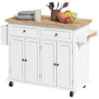 HOMCOM Rolling Kitchen Island Storage Trolley with Rubber Wood Top & Drawers for Dining Room, White(m-11)