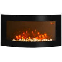 HOMCOM Led Wall Mounted Fireplace Curved Glass Electric Fire Place Fire Place 7 Colour Side Lights Slimline, 1000/2000W, 89.2cm x 48cm(m-1)