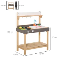 Outsunny Matschküche mit Wasserhahn Kinderküche mit Zubehör 14-Teilige Spielküche Spielzeugküche Holz Kunststoff Natur+Grau+Weiß 75 x 40 x 100 cm(m-3)