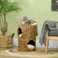 PawHut 47cm Cat Barrel Tree for Indoor Cats with 2 Condos, Kitten Tower with Cushion - Light Brown(m-2)