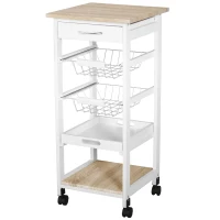 HOMCOM Mobile Rolling Kitchen Island Trolley for Home w/ Metal Baskets Trays Shelves Wheels Compact Stylish Storage White(m-11)