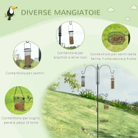 PawHut Mangiatoia per Uccelli a 4 Ganci con Vassoi e 3 Alimentatori diversi in Acciaio 54.5x54.5x208cm Nera(m-5)