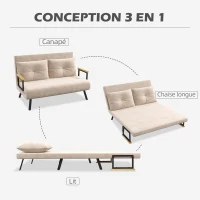 HOMCOM Canapé convertible 2 places avec dossier réglable à 5 niveaux et 2 coussins rembourrés, revêtement effet velours, beige(m-4)