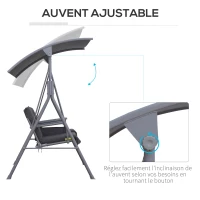 Outsunny Balancelle Design de Jardin 2 Places Inclinaison Toit réglable Tablette rétractable Rangement Acier Gris Clair Noir(m-5)
