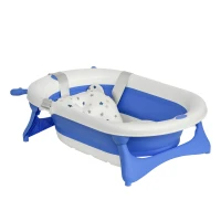 HOMCOM Foldable Baby Bathtub Set, Collapsible Bath Tub with Thermostatic Water Plug, Non-Slip Support, Cushion Pad, Drain Plugs, for Newborn to 3 Years - Blue(m-11)