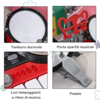 HOMCOM Set Batteria per Bambini con Strumenti Musicali, Batteria Jazz con 5 Tamburi e Sgabello, Giocattolo Musicale Educativo per Bambini, Effetti Sonori e Microfono Giocattolo, 77.5x40x76.5cm, Rosso(m-7)