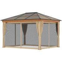 Outsunny 3 x 3.6 m Hardtop Gazebo Canopy, Polycarbonate Roof Garden Pavilion with Aluminium and Steel Frame, Nettings and Sidewalls for Garden, Patio, Khaki(m-11)