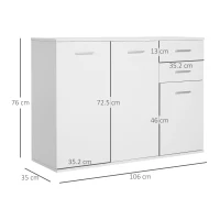 HOMCOM Credenza Soggiorno con 3 Armadietti e 2 Cassetti, Madia Soggiorno Moderna Salvaspazio con Ripiano Regolabile in Legno, 106x35x76 cm, Bianco(m-3)