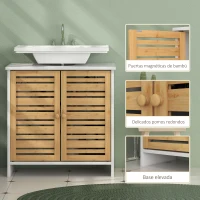 HOMCOM Mueble para Debajo del Lavabo Moderno con Puertas Magnéticas de Bambú y Estante Ajustable 60x30x60 cm Blanco y Natural(m-6)