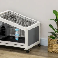 PawHut Rabbit Hutch, Wheeled Rabbit Cage w/ Water Bottle, Plastic Slide-Out Tray - Grey(m-9)