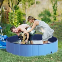 PawHut Dog Paddling Pool, Foldable Dog Pool, Leakproof & Hard Plastic, Portable Pet Bathtub with Non-Slip Base & Drainage Hole, for Indoors, Outdoors, Garden, Patio, 140 x 30 cm, Blue(m-10)
