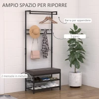HOMCOM Appendiabiti da Terra con Panca Scarpiera, 5 Ganci e 2 Ripiani, Ferro ed Ecopelle, 72.5x35x180cm, Nero e Marrone(m-5)